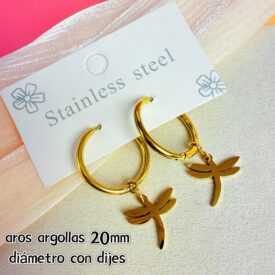 9383  aros argollas  (CAMBIO 15MM)  acero dorado con dijes LIBELULA YG319
