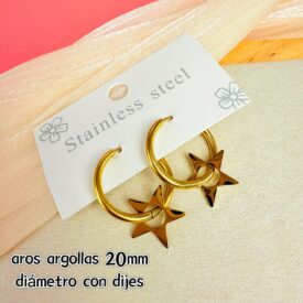 9387  aros argollas (CAMBIO 15MM) acero dorado con dijes ESTRELLA YG321