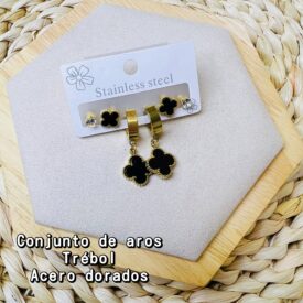 0622 conjunto de aros TREBOL CON COLGANTE NEGRO
