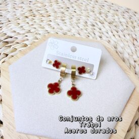 0624 conjunto de aros TREBOL CON COLGANTE ROJO